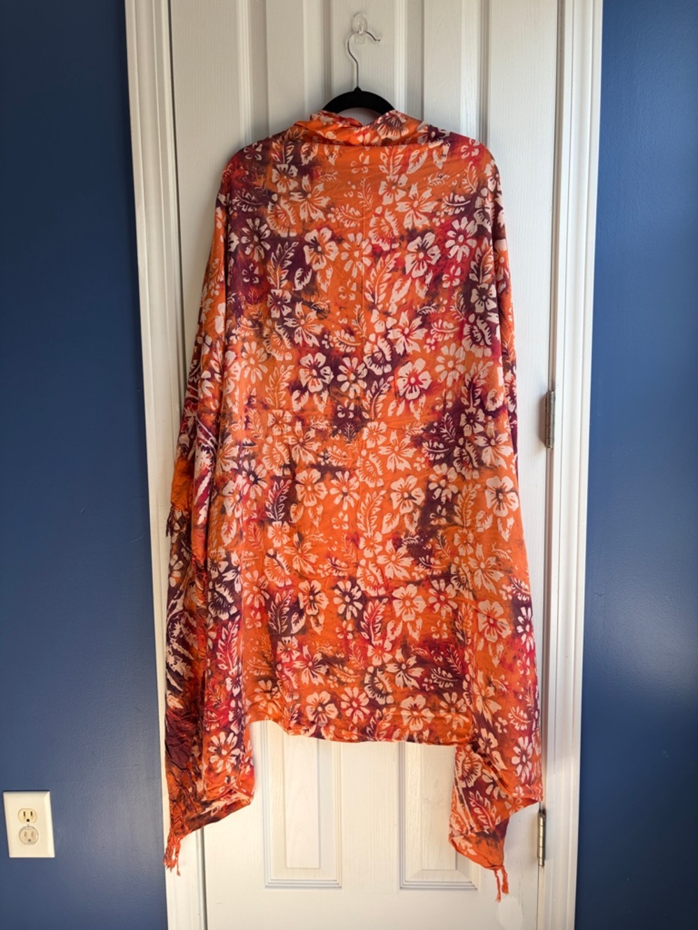 Orange Floral Tie Dye Fringe Scarf Wrap Boho Lightweight Shawl 42” x 62”